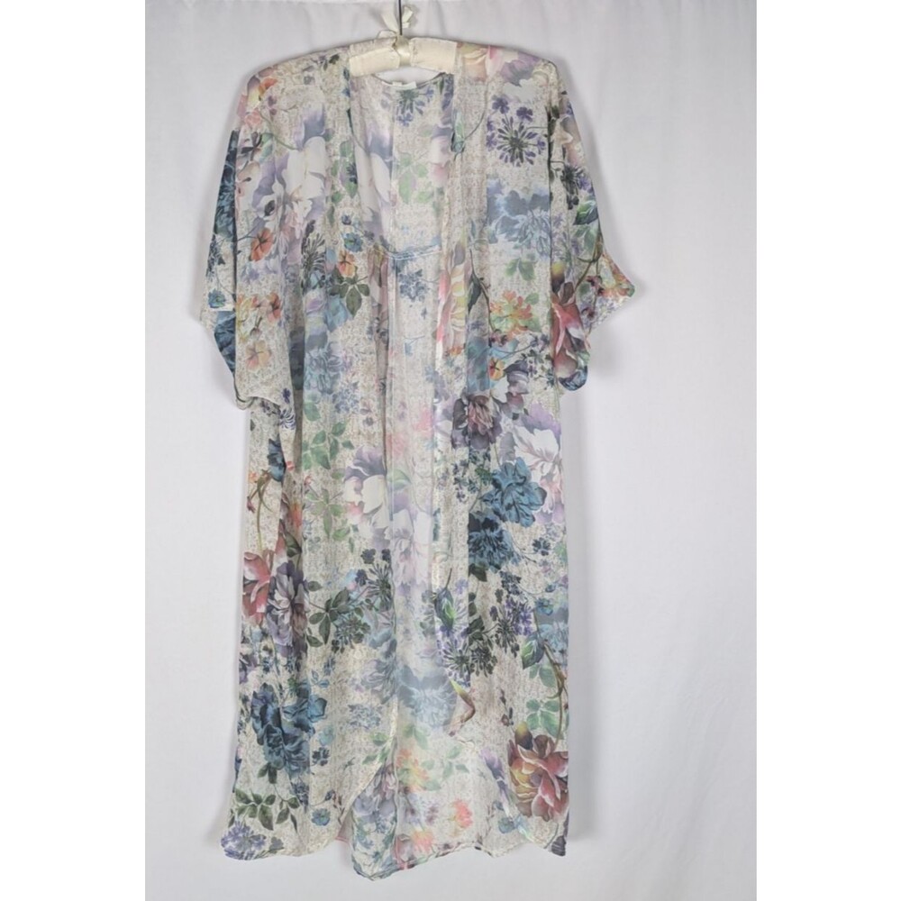 Postie Kimono M Women's White Floral Sheer 3/4 Sleeve Boho Bohemian Long Length